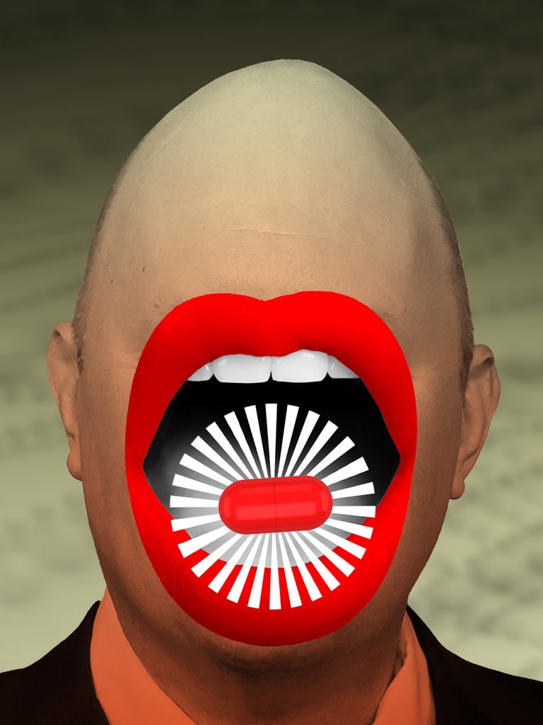 Collage einer Person mit Glatze, deren Augen nicht zu sehen sind. Sie hat einen überdimensional großen Mund mit roten Lippen, auf dem eine rote Pille mit Heiligenschein schwebt.
