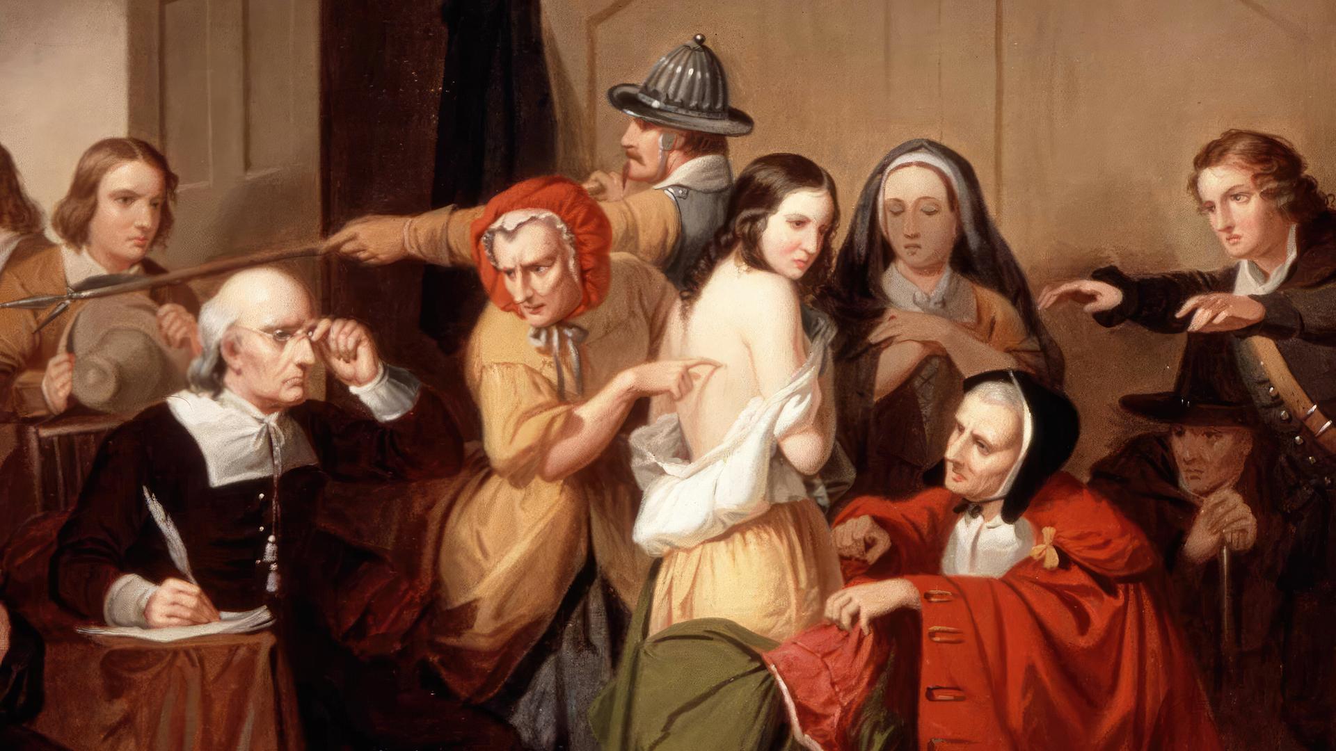 Historische Darstellunge einer Untersuchung einer Frau auf Zeichen von Hexerei im Mittelalter. 