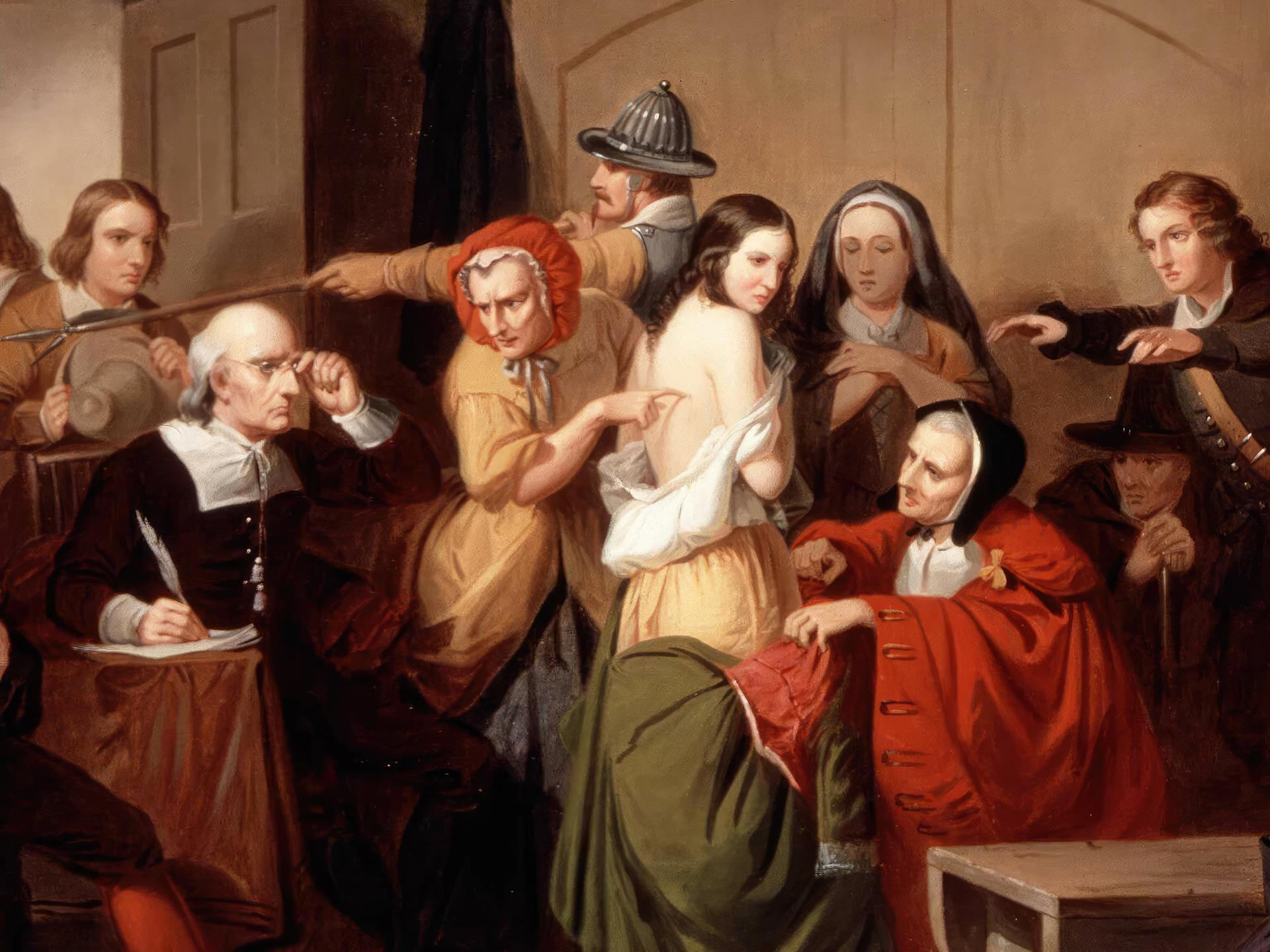 Historische Darstellunge einer Untersuchung einer Frau auf Zeichen von Hexerei im Mittelalter. 