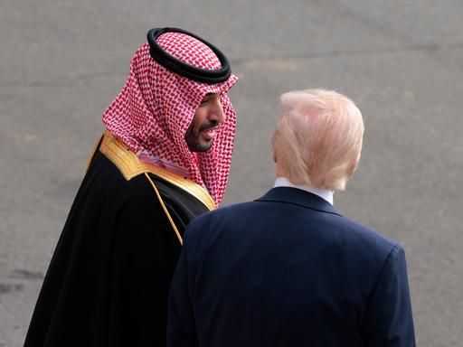 Donald Trump und Mohammed bin Salman stehen nebeneinander auf einem Rollfeld und sprechen miteinander. Donald Trump und Mohammed bin Salman stehen nebeneinander auf einem Rollfeld und sprechen miteinander.
