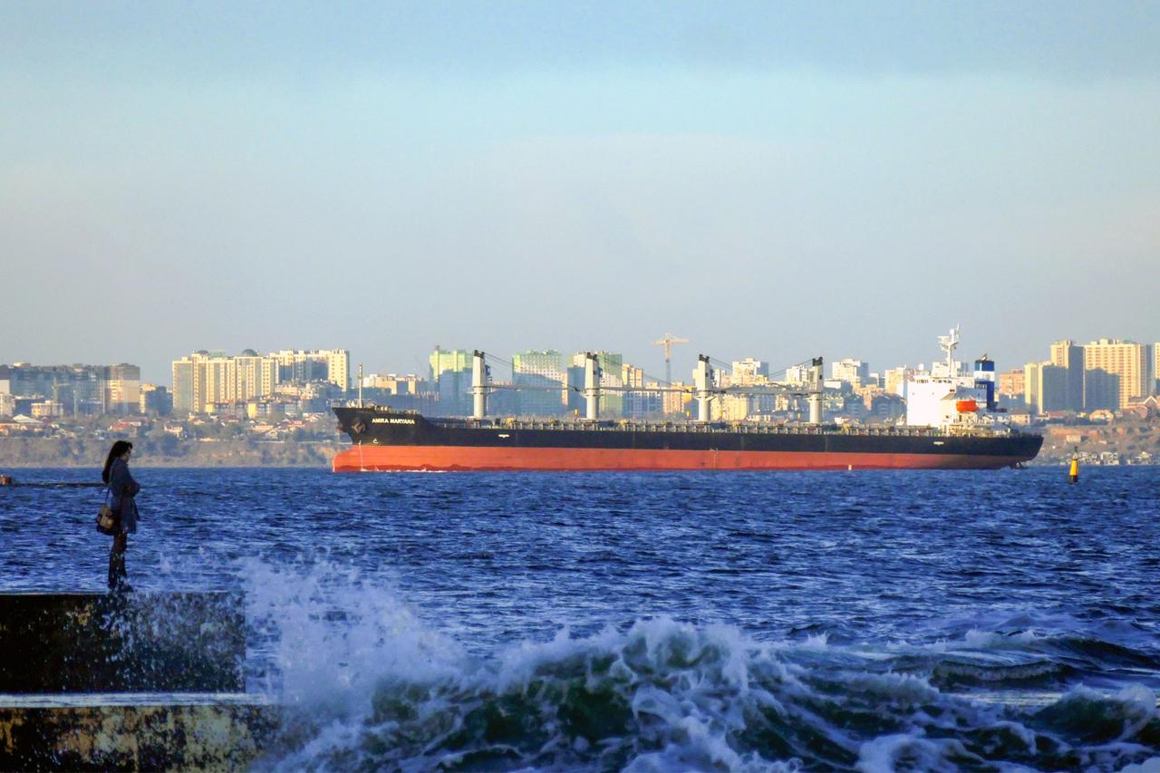 Blick auf einen Frachter vor der Küstenstadt Odessa.