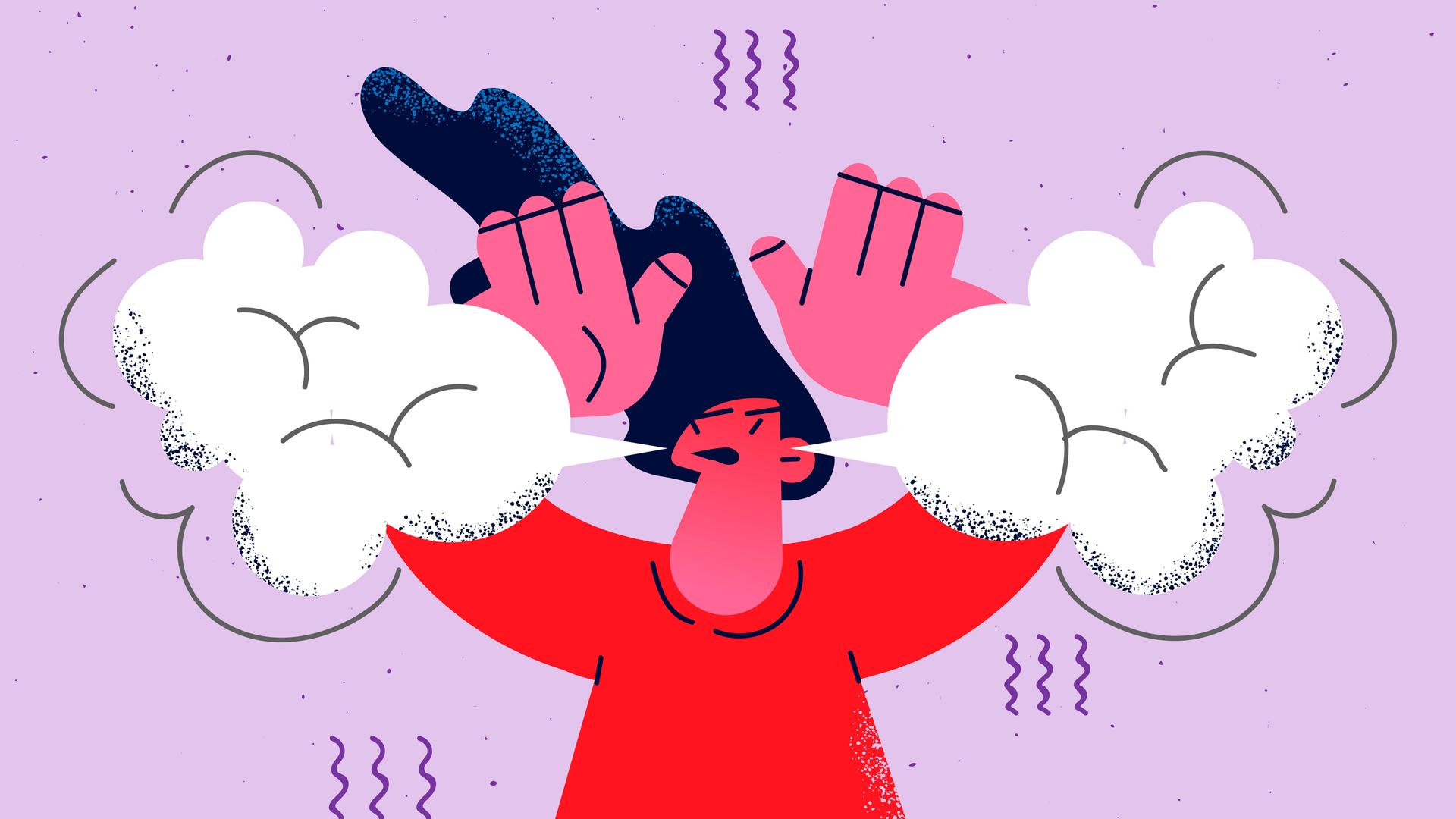 Illustration: Eine Frau atmet Dampf aus der Nase vor Wut. Der Hintergrund ist violet.