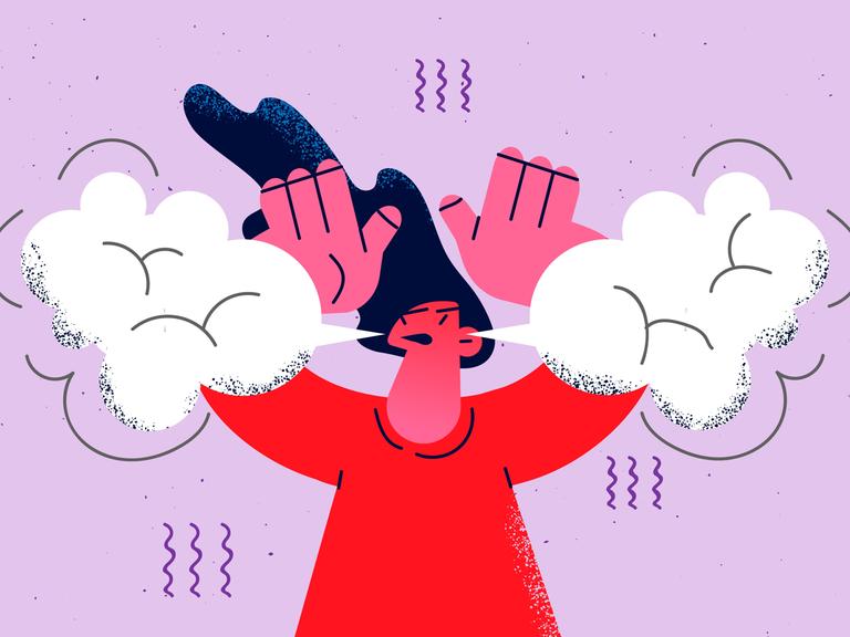 Illustration: Eine Frau atmet Dampf aus der Nase vor Wut. Der Hintergrund ist violet.
