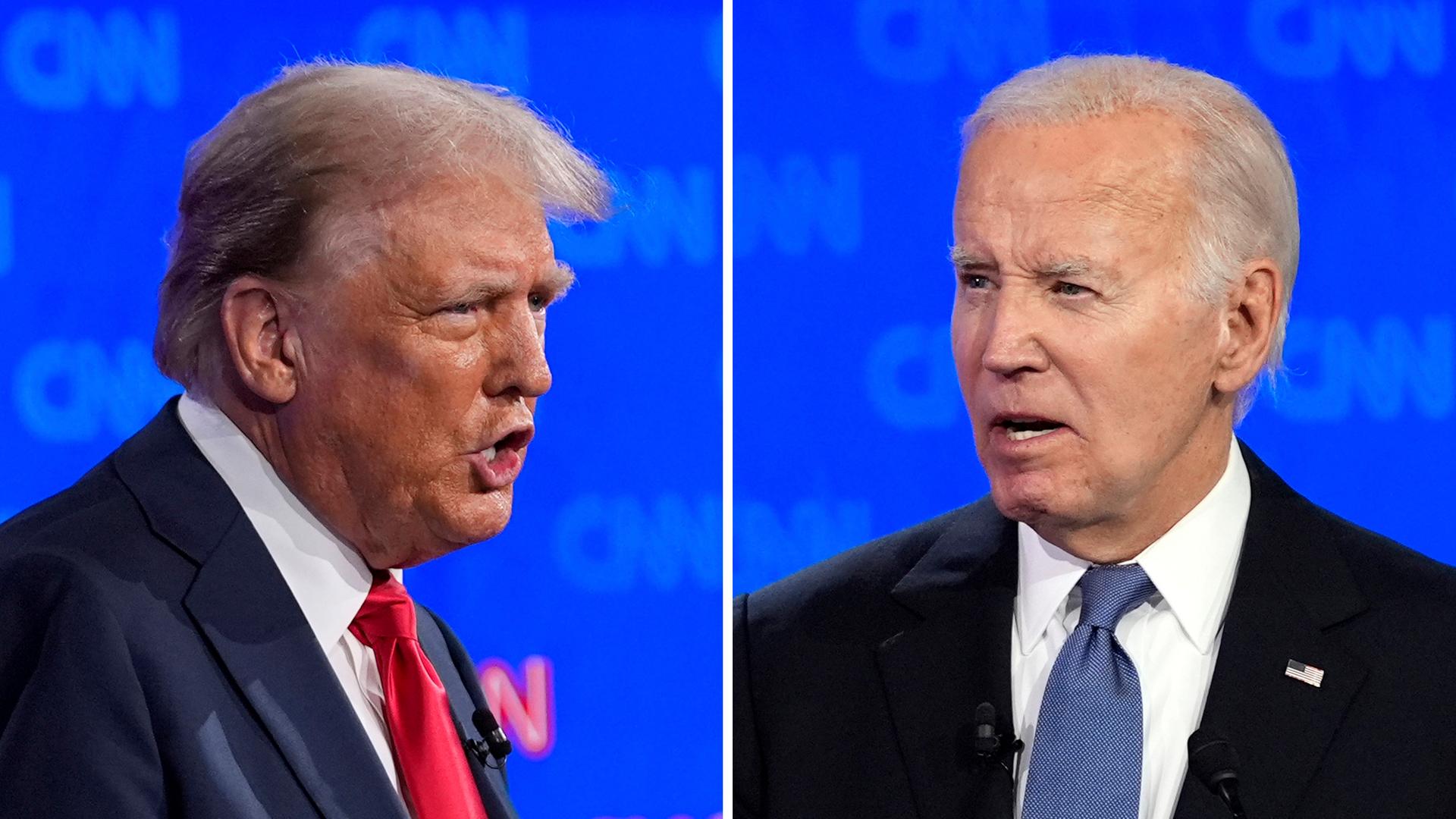 Diese Bildkombination zeigt den ehemaligen US-Präsidenten Trump und den derzeitigen Amtsinhaber Biden während eines vom Fernsehsender CNN veranstalteten TV-Duells.