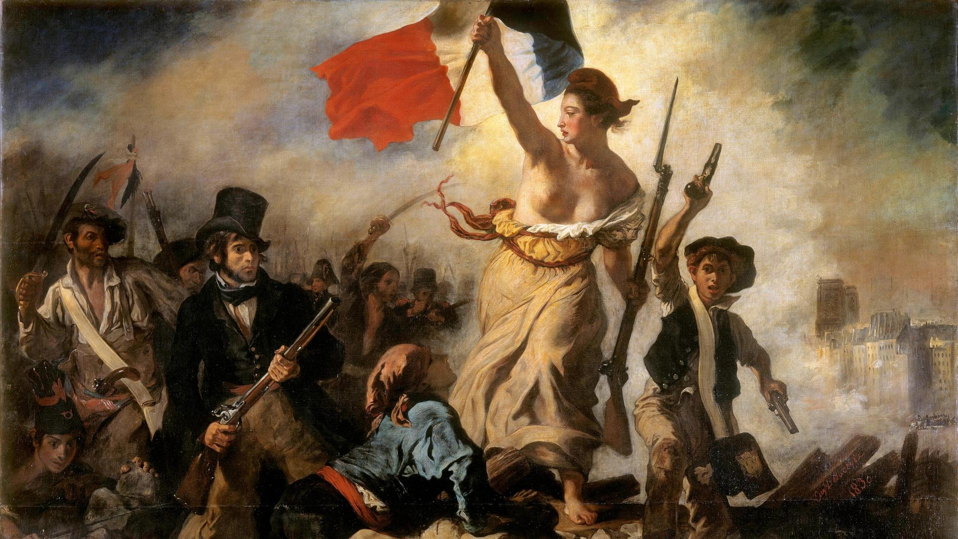 Gemälde "Die Freiheit führt das Volk" von Eugène Delacroix mit bewaffneten Revolutionären und einer Frau, die die Tricolore schwingt.