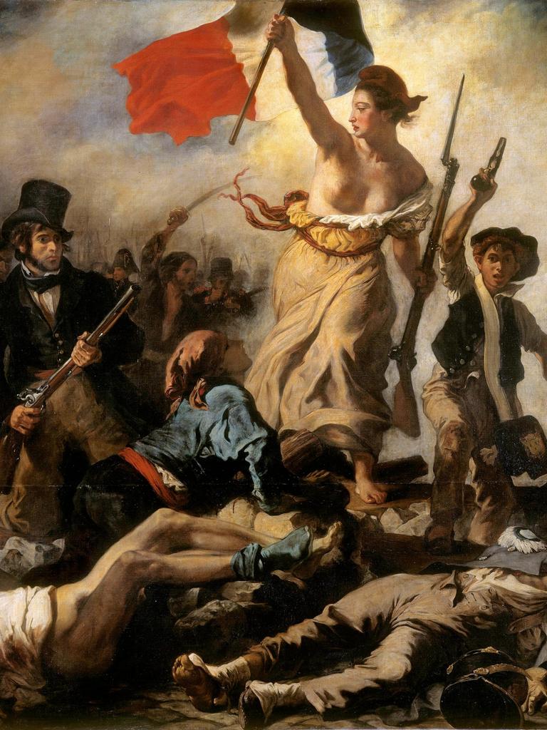 Gemälde "Die Freiheit führt das Volk" von Eugène Delacroix mit bewaffneten Revolutionären und einer Frau, die die Tricolore schwingt.