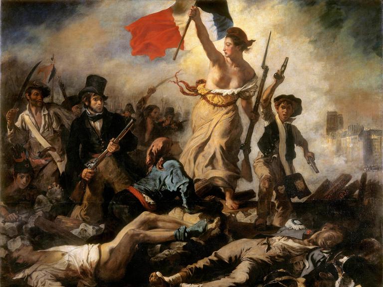 Gemälde "Die Freiheit führt das Volk" von Eugène Delacroix mit bewaffneten Revolutionären und einer Frau, die die Tricolore schwingt.