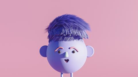 Eine 3D-Animation eines lustigen und niedlichen Cartoon-Charakter mit lustigen Haarstil. Die Figur hat einen überraschten Gesichtsausdruck. Alles ist in Lila gehalten.