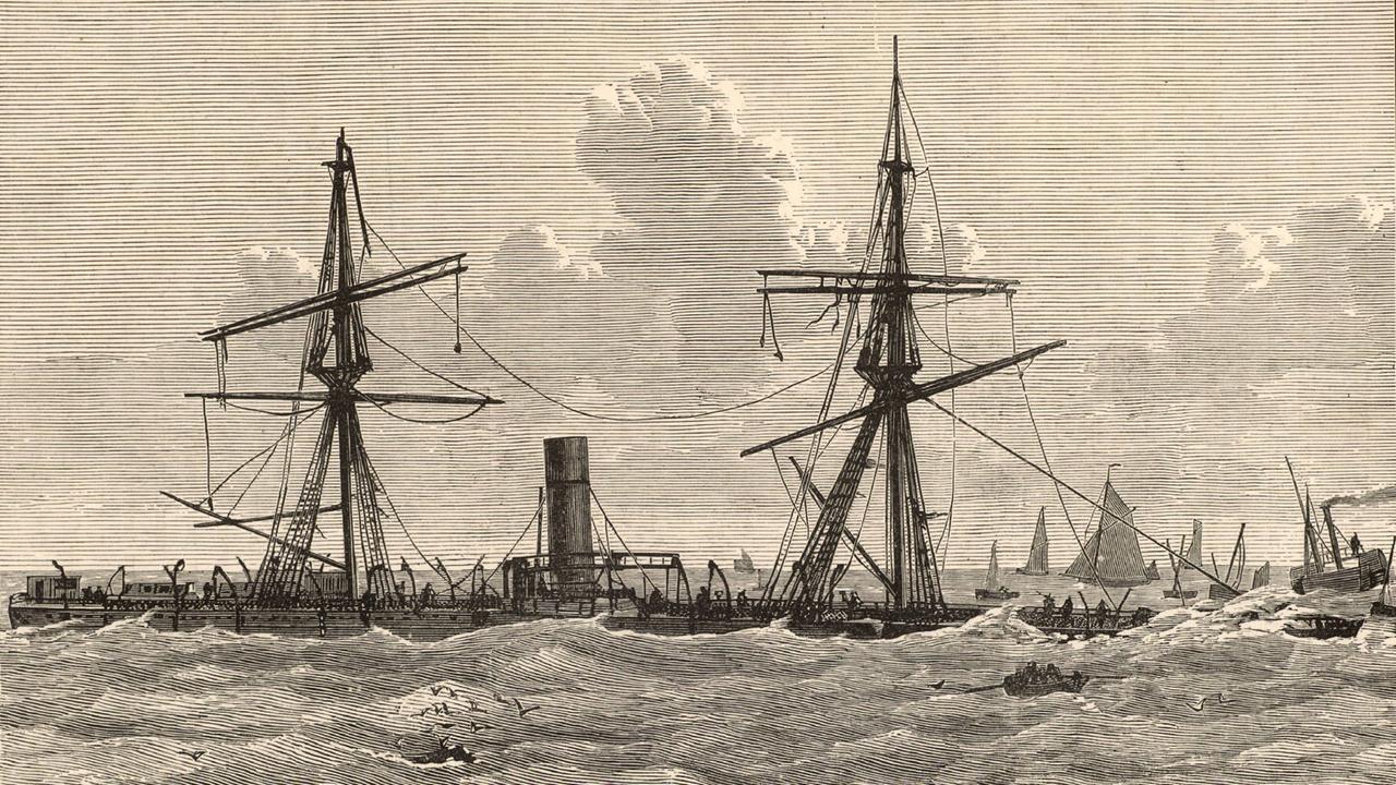 Eine Zeichnung zeigt das sinkende Dampfschiff 'Deutschland', dass während eines Sturms in der Nacht vom 6. auf den 7. Dezember 1875 auf eine Sandbank aufgelaufen ist. Eine Zeichnung zeigt das sinkende Dampfschiff 'Deutschland', dass während eines Sturms in der Nacht vom 6. auf den 7. Dezember 1875 auf eine Sandbank aufgelaufen ist.