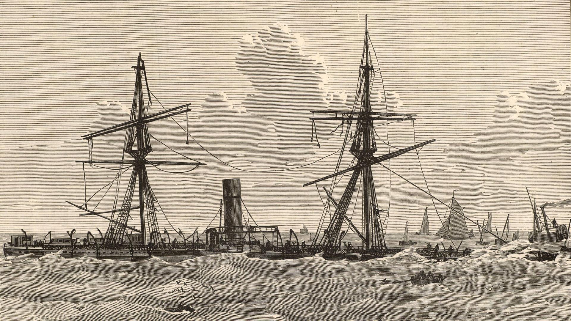 Eine Zeichnung zeigt das sinkende Dampfschiff 'Deutschland', dass während eines Sturms in der Nacht vom 6. auf den 7. Dezember 1875 auf eine Sandbank aufgelaufen ist. Eine Zeichnung zeigt das sinkende Dampfschiff 'Deutschland', dass während eines Sturms in der Nacht vom 6. auf den 7. Dezember 1875 auf eine Sandbank aufgelaufen ist.