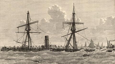 Eine Zeichnung zeigt das sinkende Dampfschiff 'Deutschland', dass während eines Sturms in der Nacht vom 6. auf den 7. Dezember 1875 auf eine Sandbank aufgelaufen ist.