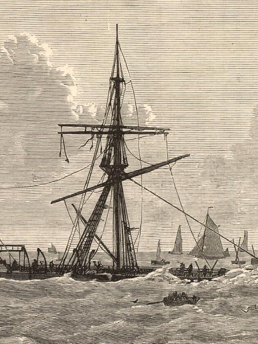 Eine Zeichnung zeigt das sinkende Dampfschiff 'Deutschland', dass während eines Sturms in der Nacht vom 6. auf den 7. Dezember 1875 auf eine Sandbank aufgelaufen ist. Eine Zeichnung zeigt das sinkende Dampfschiff 'Deutschland', dass während eines Sturms in der Nacht vom 6. auf den 7. Dezember 1875 auf eine Sandbank aufgelaufen ist.