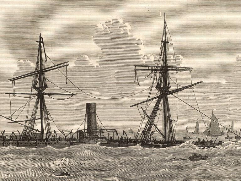 Eine Zeichnung zeigt das sinkende Dampfschiff 'Deutschland', dass während eines Sturms in der Nacht vom 6. auf den 7. Dezember 1875 auf eine Sandbank aufgelaufen ist. Eine Zeichnung zeigt das sinkende Dampfschiff 'Deutschland', dass während eines Sturms in der Nacht vom 6. auf den 7. Dezember 1875 auf eine Sandbank aufgelaufen ist.