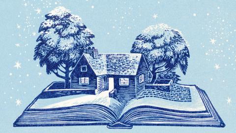 Illustration: Ein winterliches Haus steht auf einem geöffneten Buch.