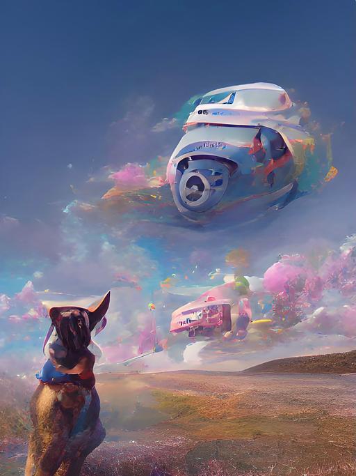 Das Bild zeigt einen Hund oder Wolf, der ein Raumschiff anheult. Im Hintergrund des Himmels lässt die KI eine Raumstation erscheinen. 