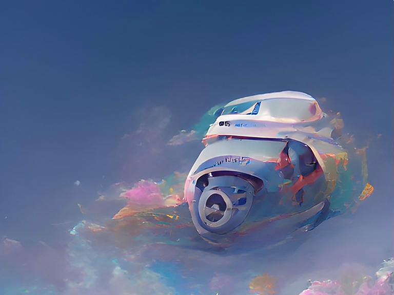 Das Bild zeigt einen Hund oder Wolf, der ein Raumschiff anheult. Im Hintergrund des Himmels lässt die KI eine Raumstation erscheinen. 