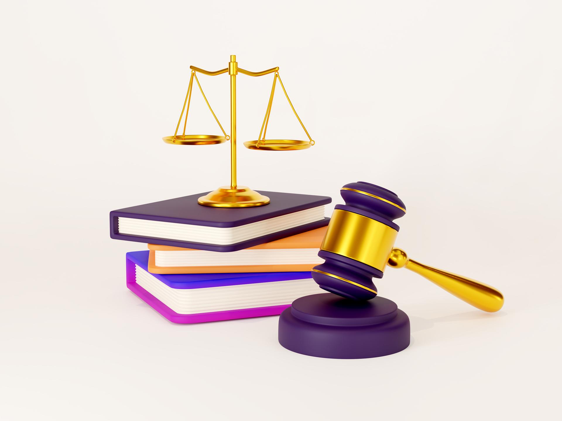 3D-Illustration eines Richterhammers, einiger Bücher und die Waage der Justitia. 