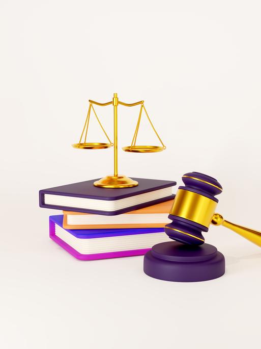 3D-Illustration eines Richterhammers, einiger Bücher und die Waage der Justitia. 