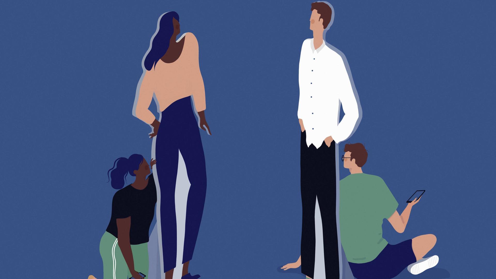 Illustration: Pappaufsteller eines Paares, die sich gegenüber stehen. Die Frau und der Mann verstecken sich hinter ihren Pappfiguren, die schick gekleidet sind.