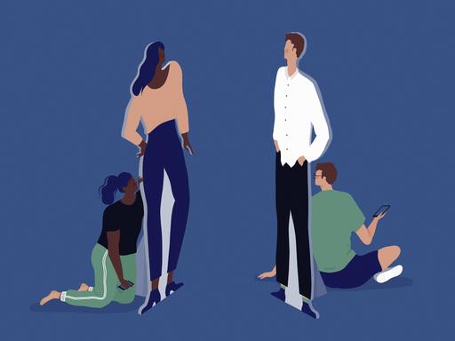 Illustration: Pappaufsteller eines Paares, die sich gegenüber stehen. Die Frau und der Mann verstecken sich hinter ihren Pappfiguren, die schick gekleidet sind.