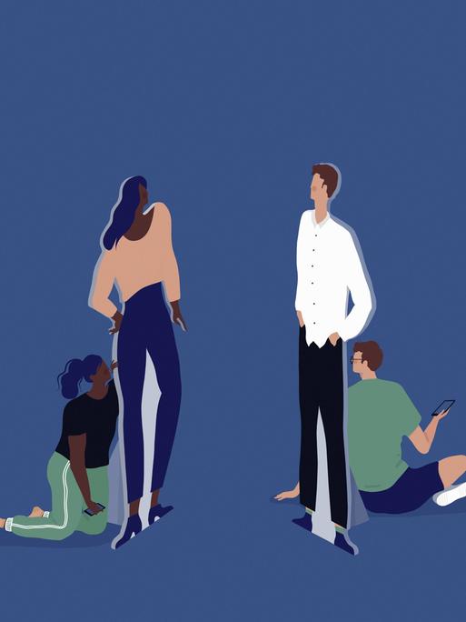 Illustration: Pappaufsteller eines Paares, die sich gegenüber stehen. Die Frau und der Mann verstecken sich hinter ihren Pappfiguren, die schick gekleidet sind.