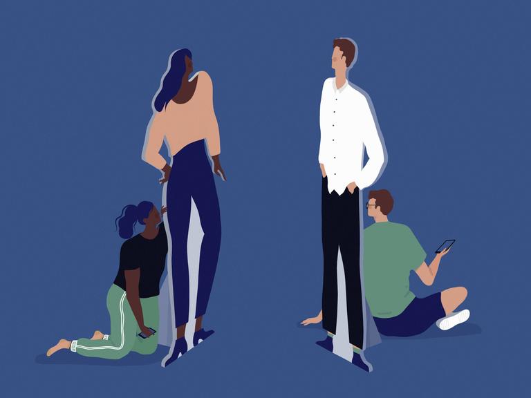 Illustration: Pappaufsteller eines Paares, die sich gegenüber stehen. Die Frau und der Mann verstecken sich hinter ihren Pappfiguren, die schick gekleidet sind.