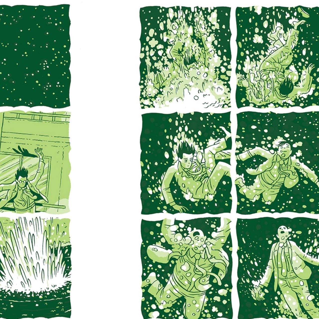 Ausschnitt aus der Graphic Novel "Zwei bleiben" von Jordan Crane: ein Mann ist im Anzug ins Wasser gefallen und sein Körper trudelt darin herum. 