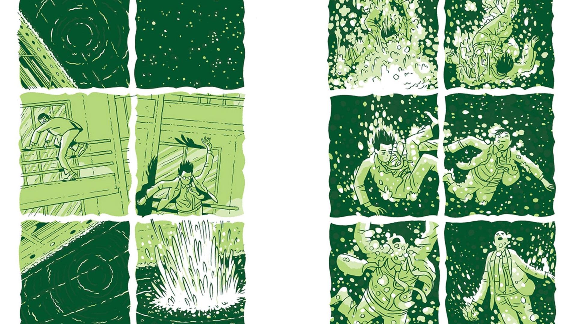 Ausschnitt aus der Graphic Novel "Zwei bleiben" von Jordan Crane: Ein Mann im Anzug ist ins Wasser gefallen, sein Körper trudelt darin herum. 
