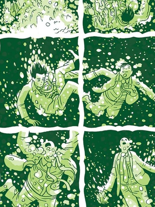 Ausschnitt aus der Graphic Novel "Zwei bleiben" von Jordan Crane: Ein Mann im Anzug ist ins Wasser gefallen, sein Körper trudelt darin herum. 