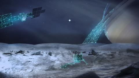 Künstlerische Weltraumszene zeigt einen Lander und einen Satelliten über einer eisigen Mondoberfläche vor einem Sternenhimmel.