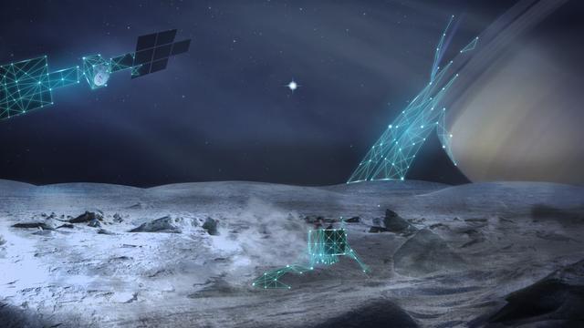 Künstlerische Weltraumszene zeigt einen Lander und einen Satelliten über einer eisigen Mondoberfläche vor einem Sternenhimmel.