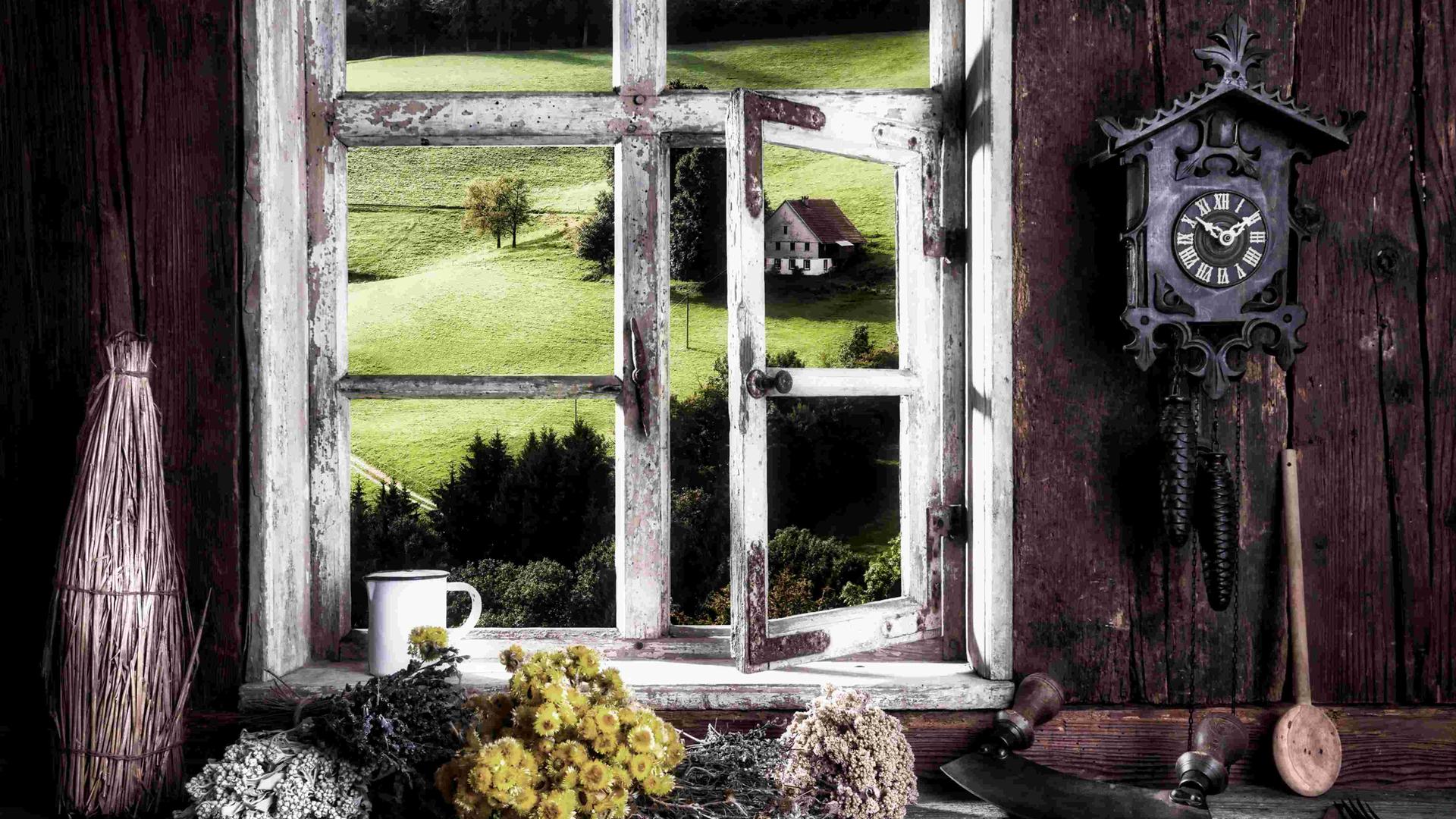 Blick aus dem Fenster einer hölzernen Bauernstube auf eine hügelige Weidelandschaft, in der Stube hängt eine Kuckucksuhr.