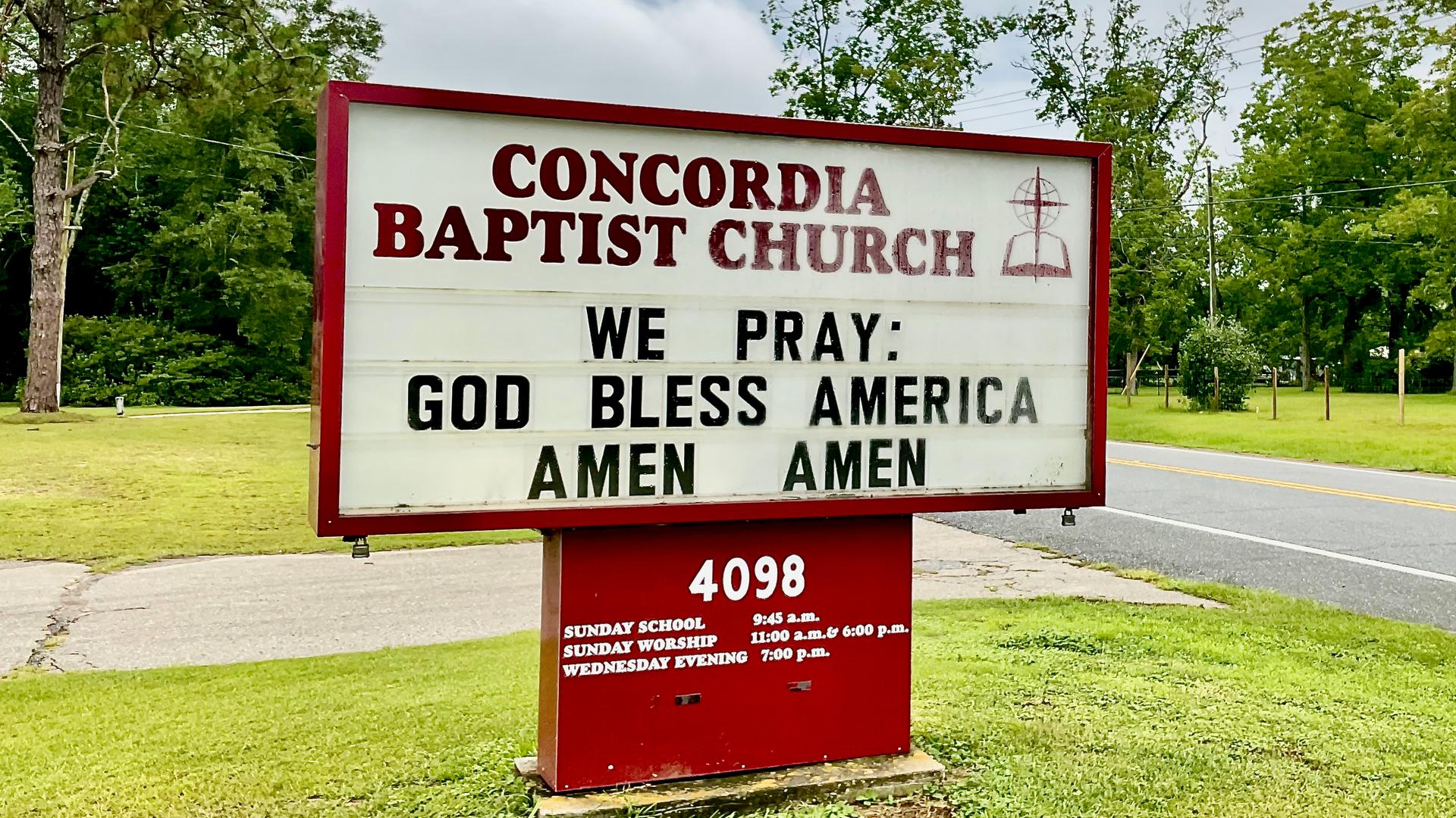 Hinweisschild zur Concordia Baptist Church in Florida.