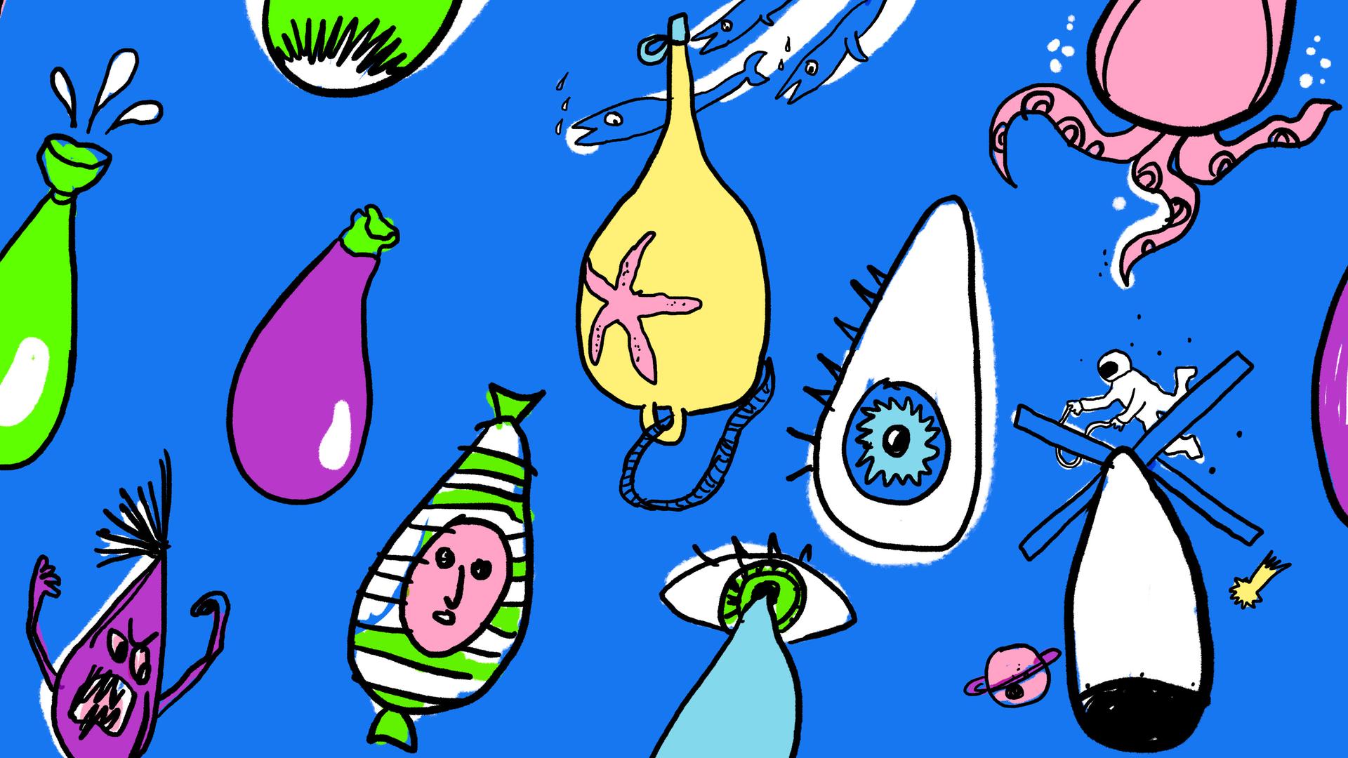 Illustration bunter doku drops vor blauem Hintergrund Illustration bunter doku drops vor blauem Hintergrund