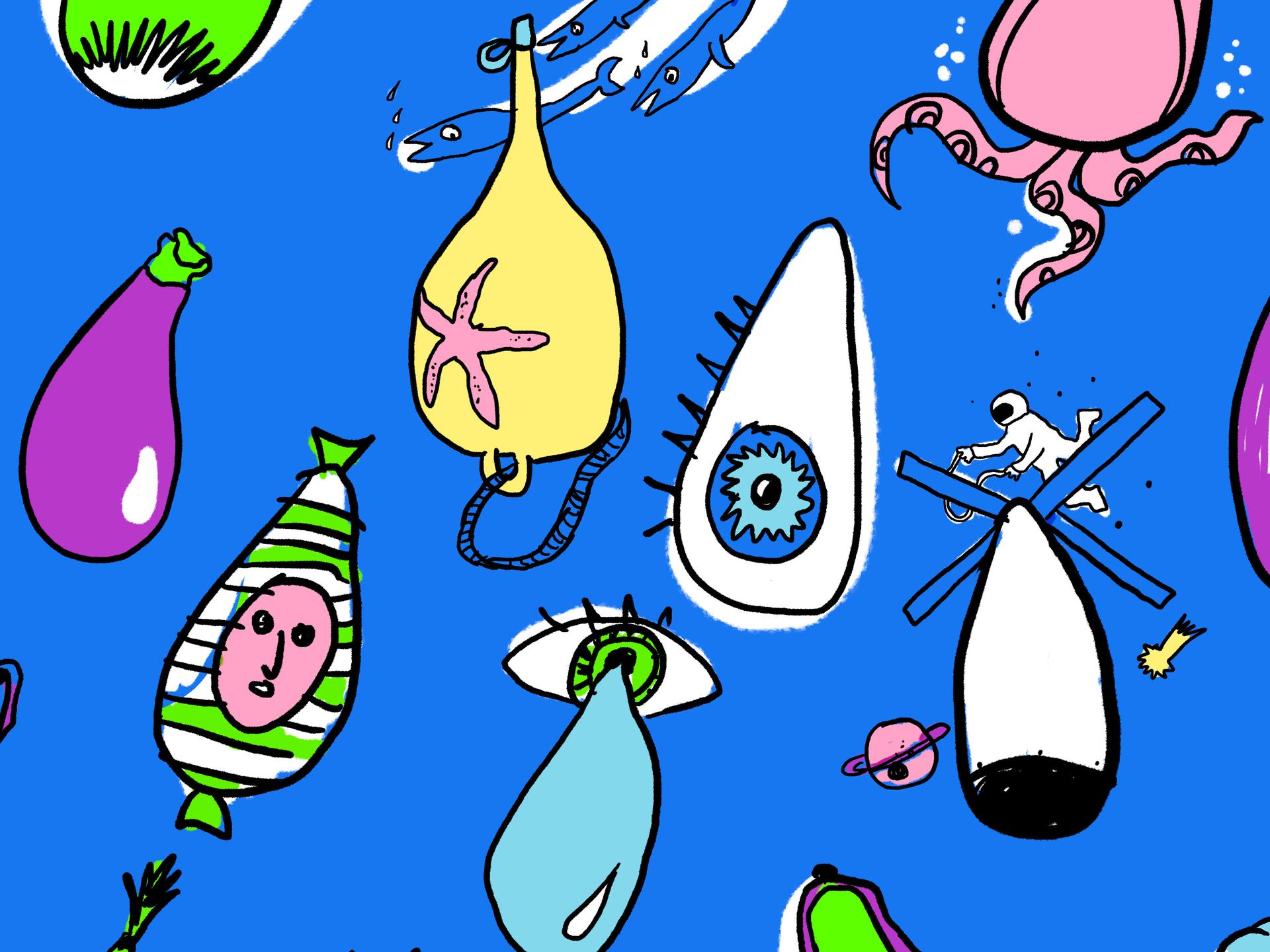 Illustration bunter doku drops vor blauem Hintergrund