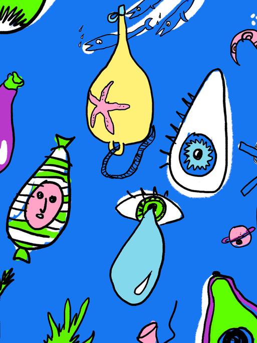 Illustration bunter doku drops vor blauem Hintergrund