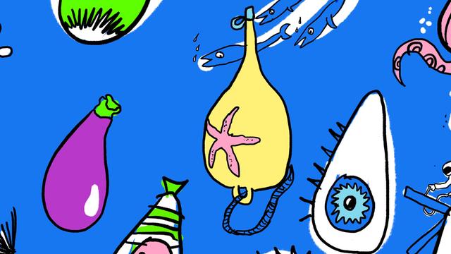 Illustration bunter doku drops vor blauem Hintergrund