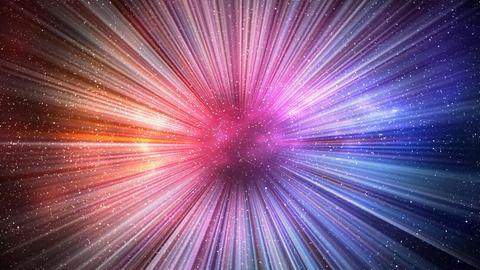 Dynamischer Kosmos nach dem Urknall - 3-D-Vorstellung eines Hyperraums, in dem sich gleich zwei Galaxien (rot und blau) drehen.
