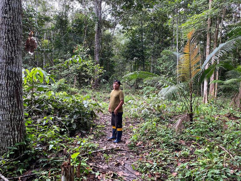 Bildbeschreibung: Ein Mitglied des Volks der Sataré-Mawé steht im Wald und schaut in die Kamera. Bildbeschreibung: Ein Mitglied des Volks der Sataré-Mawé steht im Wald und schaut in die Kamera.