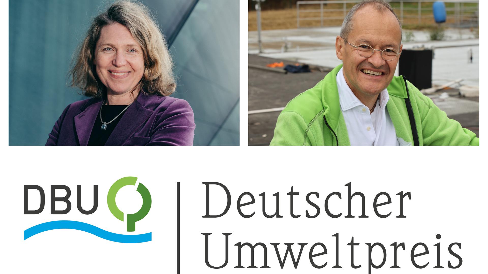 Dr. Roda Verheyen und Dr. Klaus Vossenkaul im Porträt nebeneinander, darunter das Logo des DBU und "Deutscher Umweltpreis" Dr. Roda Verheyen und Dr. Klaus Vossenkaul im Porträt nebeneinander, darunter das Logo des DBU und "Deutscher Umweltpreis"