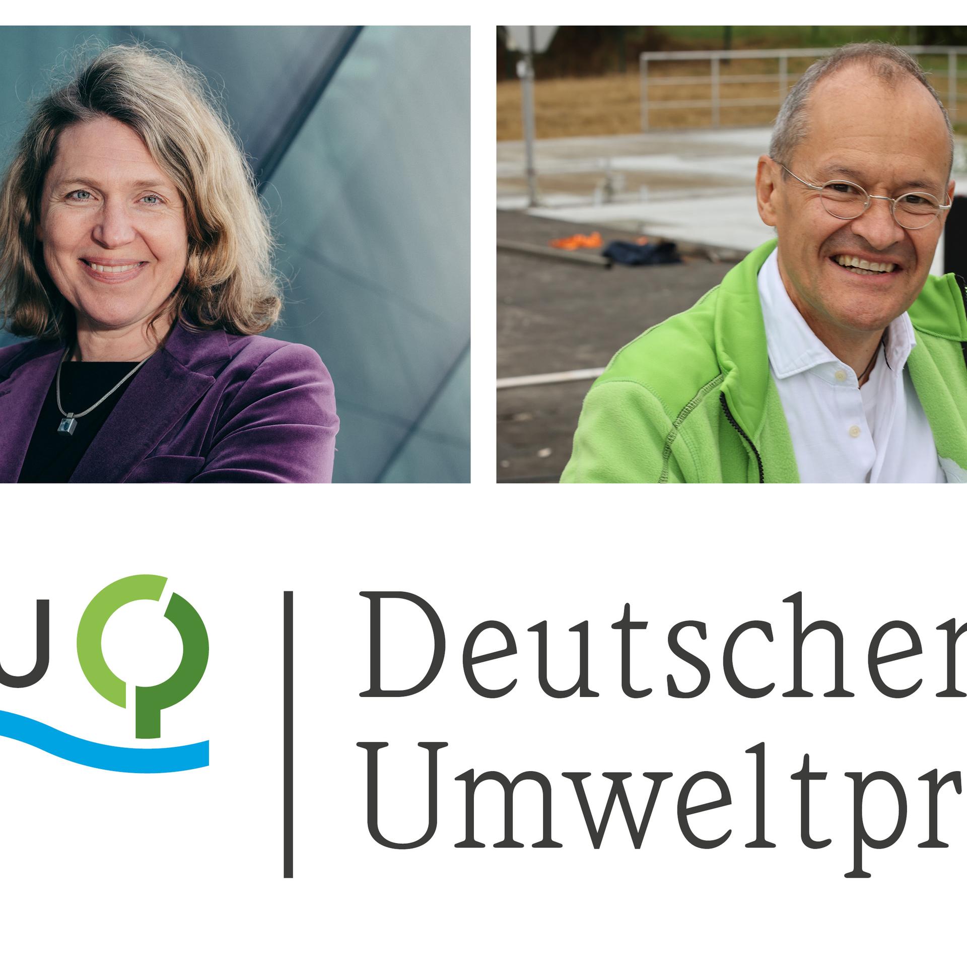 Dr. Roda Verheyen und  Dr. Klaus Vossenkaul im Porträt nebeneinander, darunter das Logo des DBU und "Deutscher Umweltpreis"