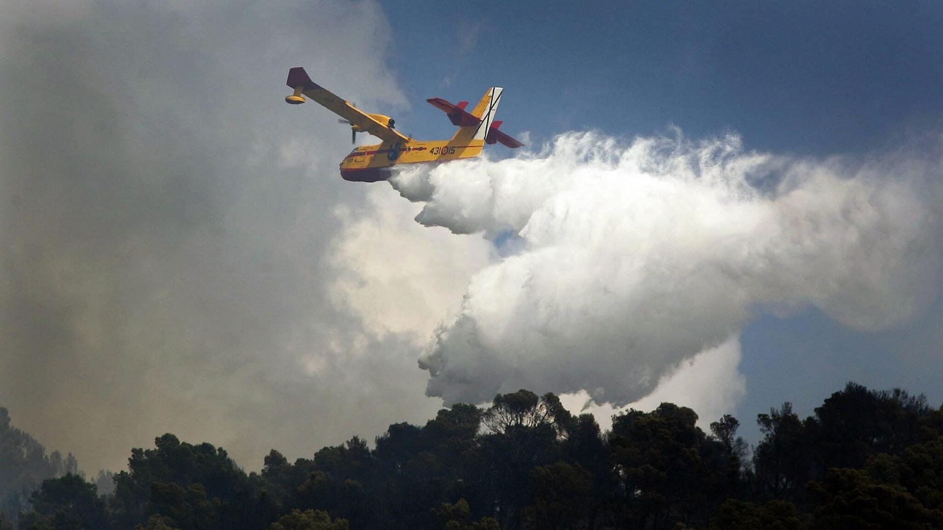 In der Region Valencia gibt es neue Brände (Archivbild vom 13.8.2026); ein Löschflugzeug ist am Himmel zu sehen, darunter Baumwipfel. In der Region Valencia gibt es neue Brände (Archivbild vom 13.8.2026); ein Löschflugzeug ist am Himmel zu sehen, darunter Baumwipfel.