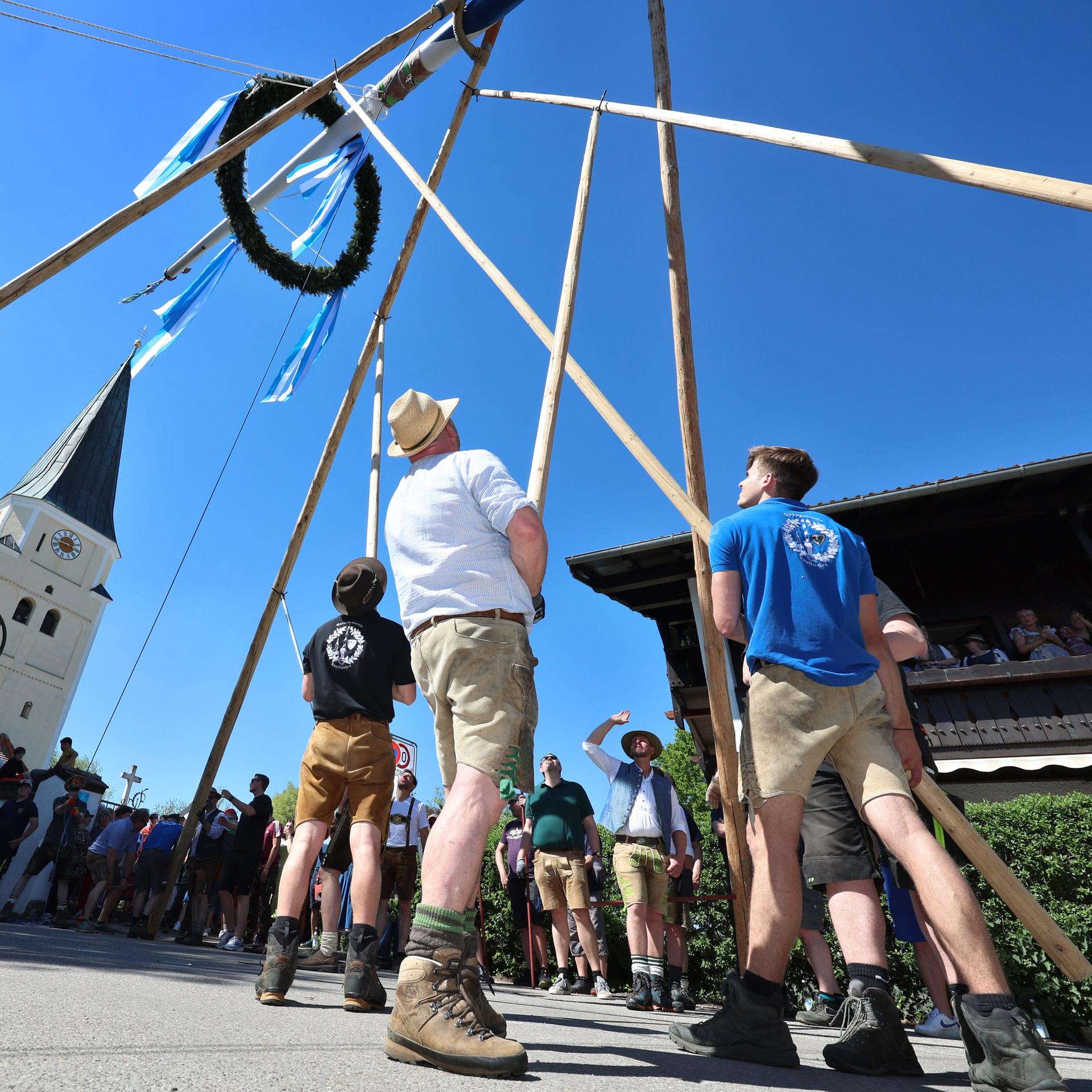Mehrere Männer richten mit Muskelkraft und der Hilfe von Stangen vor strahlend blauem Himmel den Maibaum auf. Im Hintergrund ist die örtliche Kirche zu sehen.