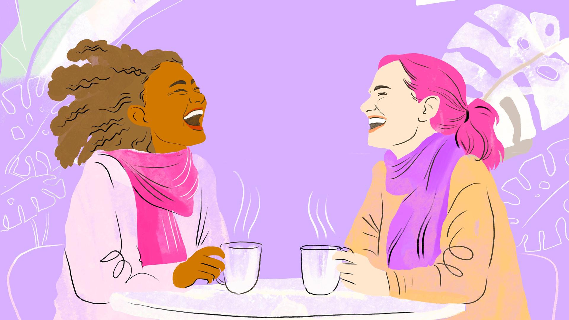 Eine farbige Illustration zeigt zwei Frauen an einem kleinen runden Tisch in einem Café. Sie sitzen sich gegenüber, lachen und wirken in ein Gespräch vertieft. 