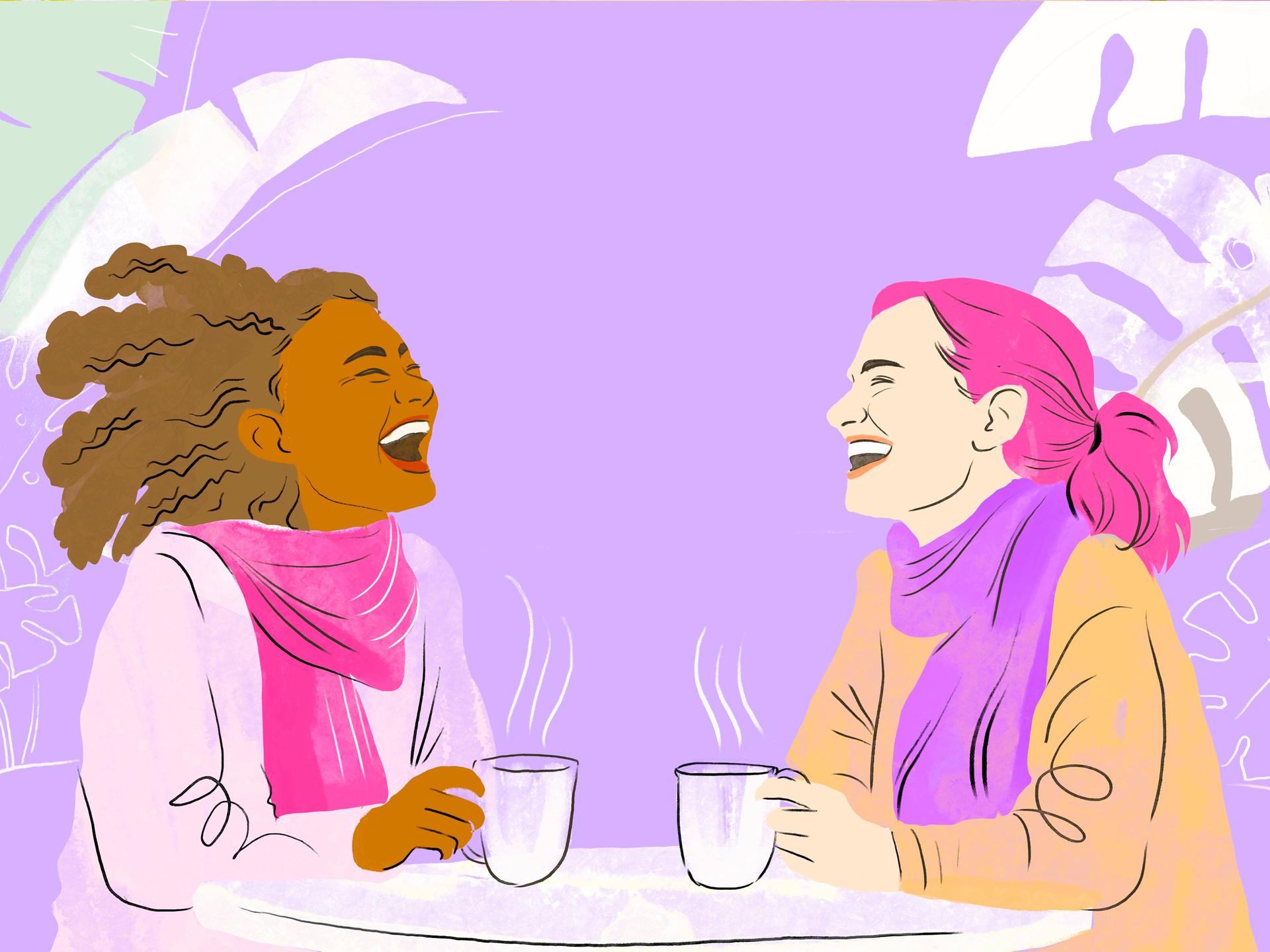 Eine farbige Illustration zeigt zwei Frauen an einem kleinen runden Tisch in einem Café. Sie sitzen sich gegenüber, lachen und wirken in ein Gespräch vertieft. 