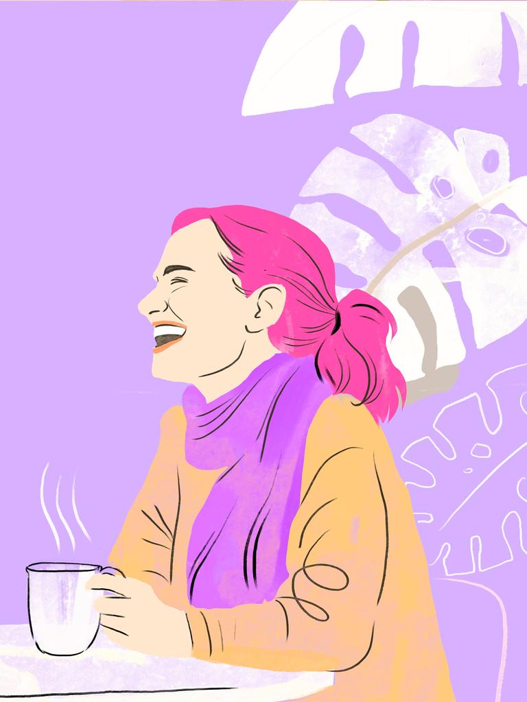 Eine farbige Illustration zeigt zwei Frauen an einem kleinen runden Tisch in einem Café. Sie sitzen sich gegenüber, lachen und wirken in ein Gespräch vertieft. 