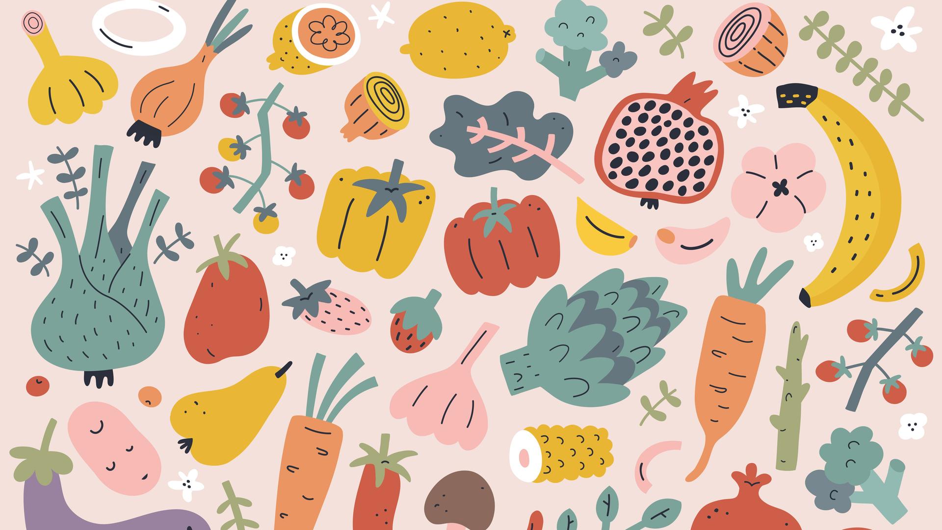 Illustration von vielfältigem Obst und Gemüse.