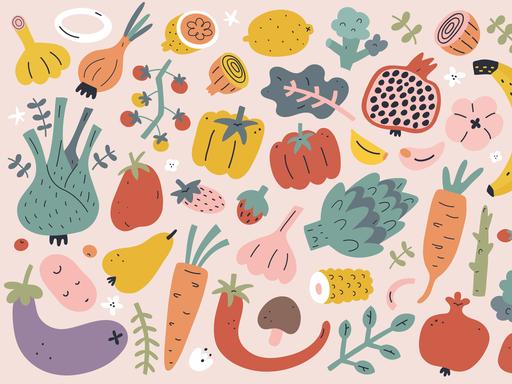 Illustration von vielfältigem Obst und Gemüse.