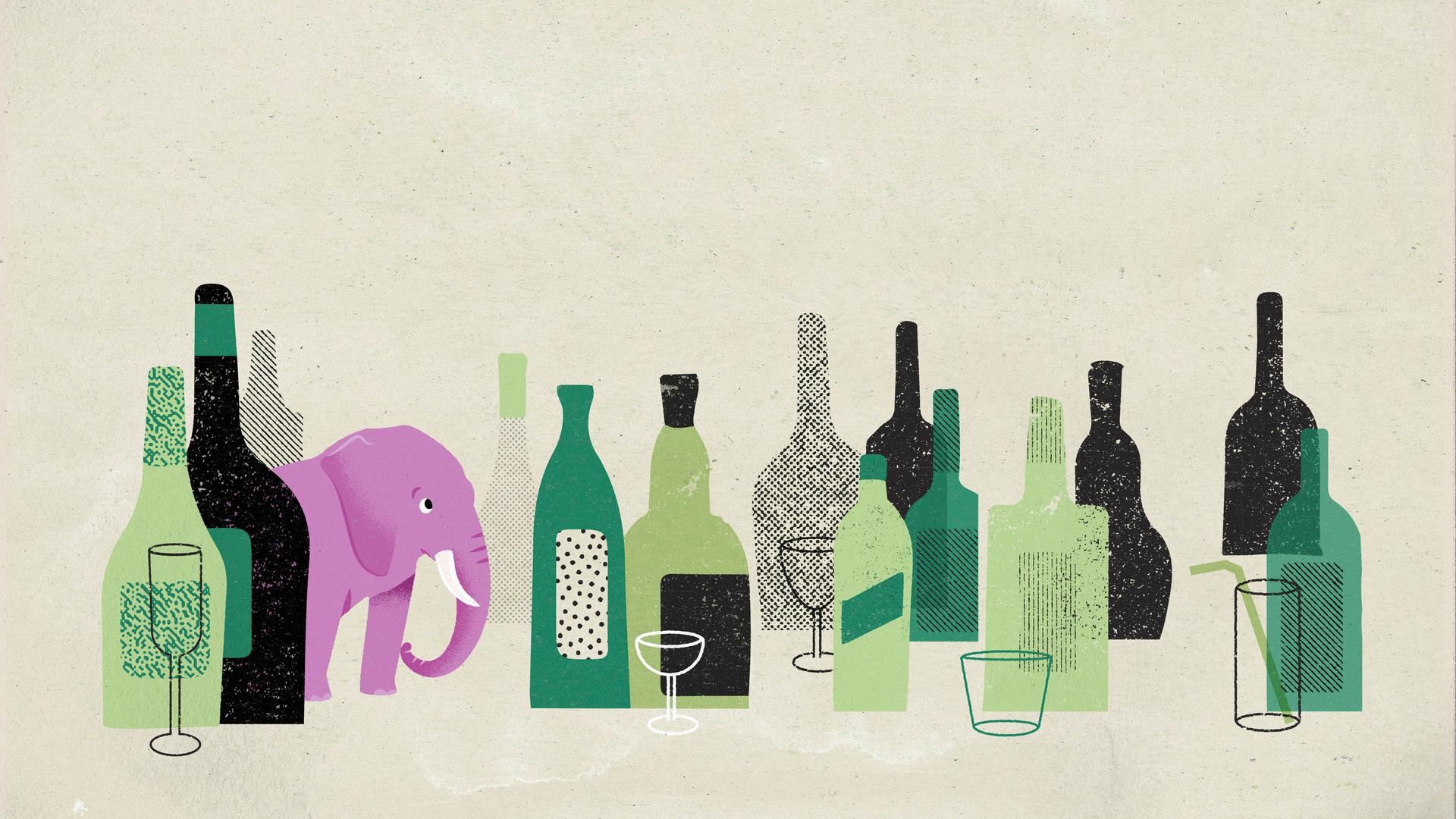 Grafische Darstellung von Alkoholsucht: In einer Reihe von Weinflaschen steht ein rosa Elefant. 