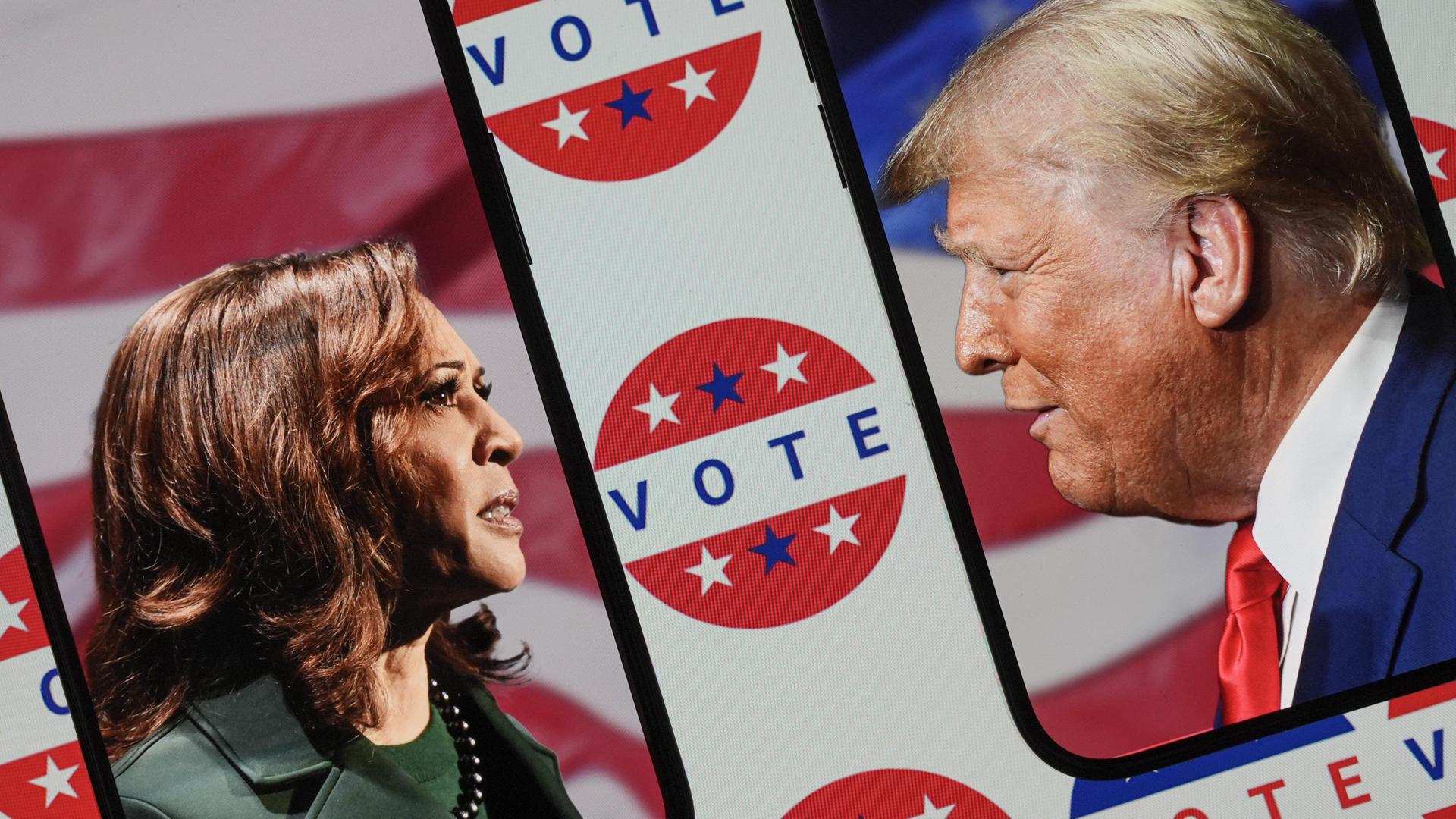 Zu sehen ist eine Fotomontage von Kamala Harris und Donald Trump. In der Mitte des Bildes steht das Wort "Vote", das für "die Wahl" steht. 